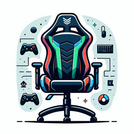 Vector illustration of a modern gaming chair with gamepad and computer mouse.のイラスト素材