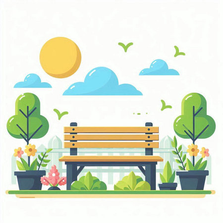 Bench in the park. Vector illustration in flat style on white background.のイラスト素材