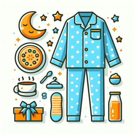 Vector illustration of sleepwear, pajama, pillow, cup of coffee, gift box, milk bottle, moon and stars.のイラスト素材