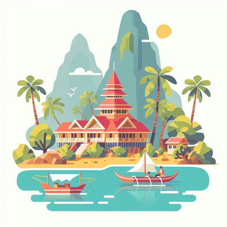 Thailand travel vector illustration. Landscape with ancient temple and boatのイラスト素材