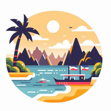 Tropical island with palm trees, boat and sunset. Vector illustration.のイラスト素材