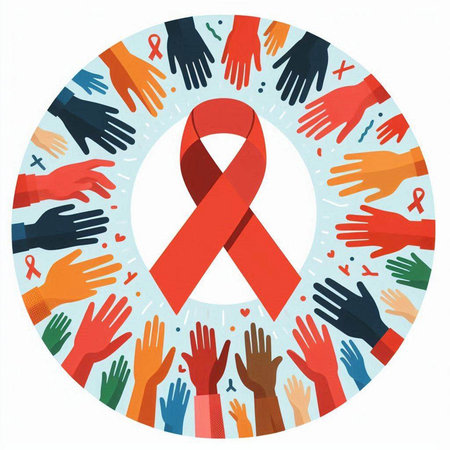 World Aids Day background with red ribbon and hands. Vector illustration.のイラスト素材