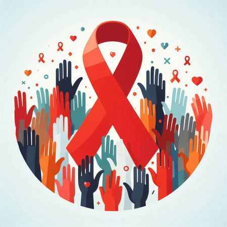 Vector illustration of red ribbon symbol for World Aids Day with raised up hands.のイラスト素材