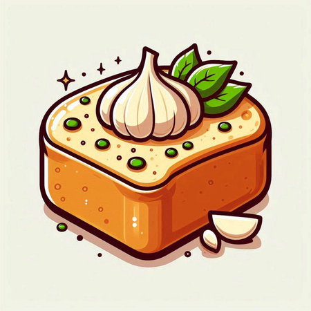Illustration of a piece of bread with garlic and green peas.のイラスト素材