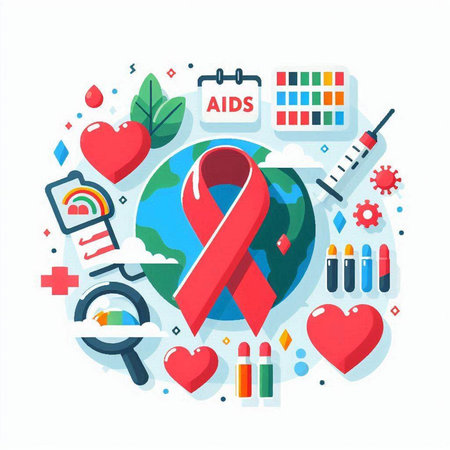 World Aids Day concept with red ribbon and icons around. Vector illustrationのイラスト素材
