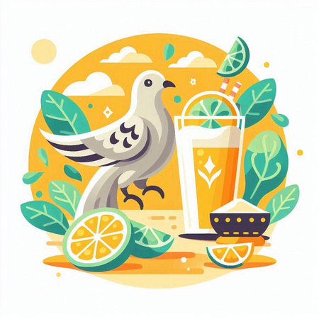 Pigeon with orange juice and lime. Flat vector illustration.のイラスト素材