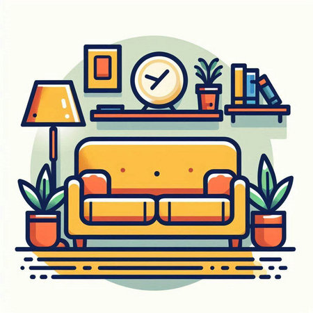 Living room interior with sofa, bookshelf, clock and plants. Flat style vector illustration.のイラスト素材