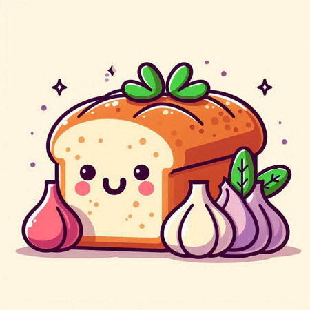 Illustration of a cute bread character with garlic, onion and leavesのイラスト素材