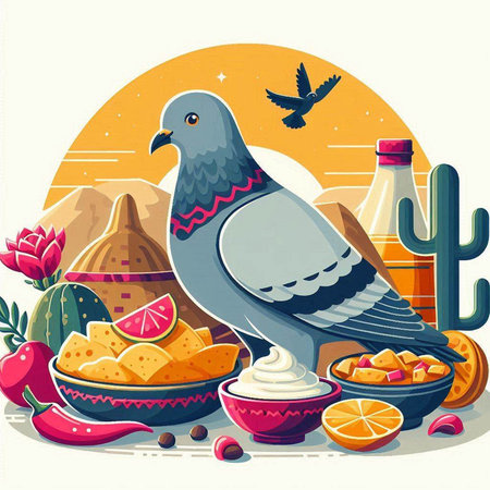 Pigeon with mexican food. Vector illustration in flat styleのイラスト素材