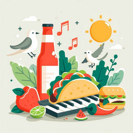 Vector illustration of flat design concept of summer picnic with food and drinks.のイラスト素材