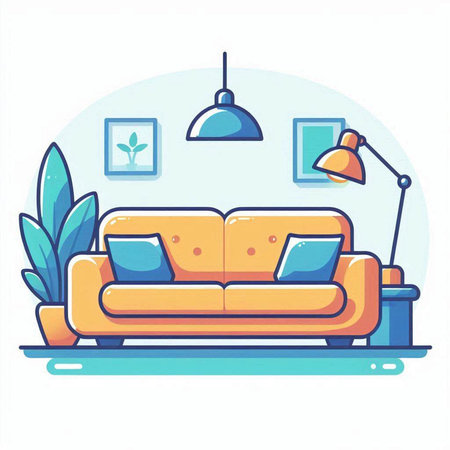 Living room interior with sofa, lamp and plants. Flat style vector illustration.のイラスト素材