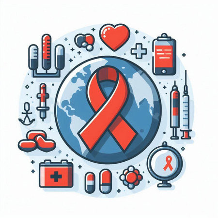 Vector illustration of World Aids Day concept with red ribbon, medical icons and symbols isolated on white background.のイラスト素材