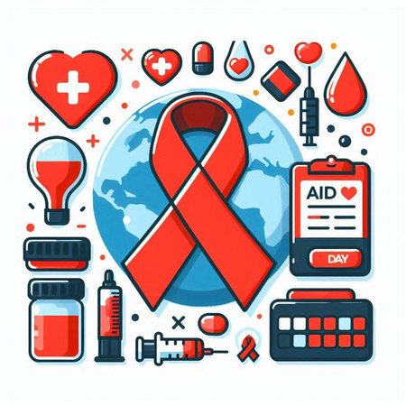 Vector illustration of World Aids Day with red ribbon and icons on white background.のイラスト素材