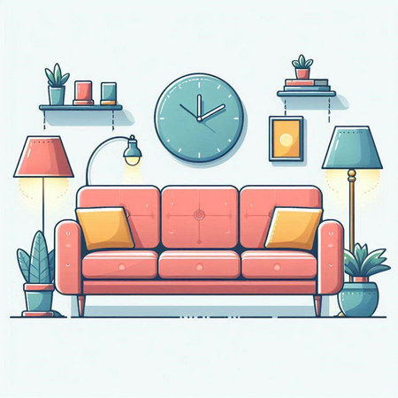 Living room interior with sofa, lamp, clock and plants. Vector illustration.のイラスト素材