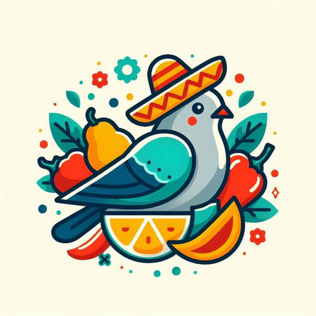 Cute bird with sombrero and fruits. Vector illustration.のイラスト素材