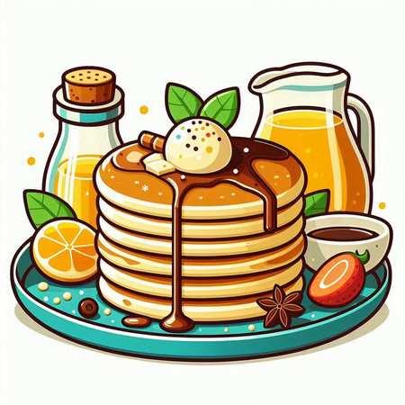 Pancakes with honey, ice cream and mint. Vector illustration.のイラスト素材