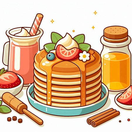 Illustration of a stack of pancakes with honey, strawberries and ice creamのイラスト素材