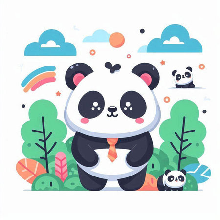 Cute cartoon panda in the forest. Vector illustration in flat style.のイラスト素材