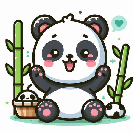 Cute panda with bamboo and basket. Vector illustration in cartoon styleのイラスト素材