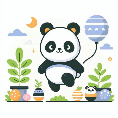 Cute cartoon panda holding a balloon. Vector illustration in flat style.のイラスト素材