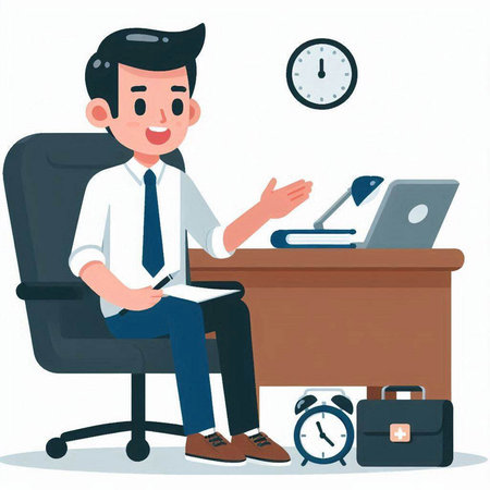 Businessman sitting at office desk and working on laptop, vector illustration.のイラスト素材