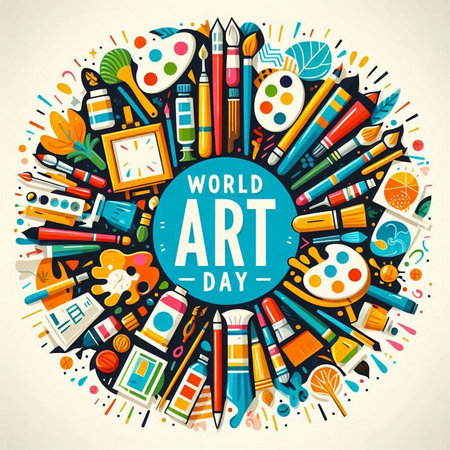 Vector illustration of World Art Day poster design with hand drawn cartoon objectsのイラスト素材