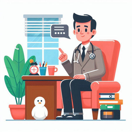 Doctor sitting in armchair and talking on phone. Flat vector illustration.のイラスト素材