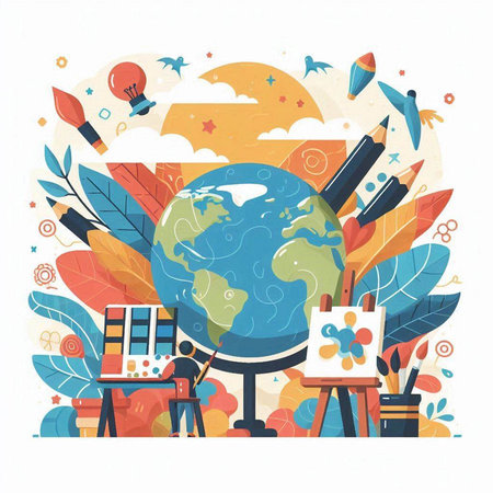 Back to school concept with globe and school supplies. Vector illustration.のイラスト素材