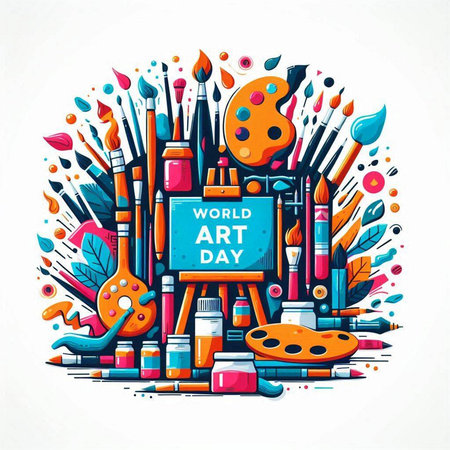 Vector illustration of World Art Day banner or poster with paint brushes and palette.のイラスト素材