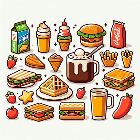 Fast food icons set in cartoon style. Vector illustration of fast food elements.のイラスト素材