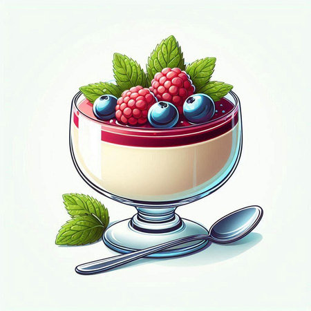 Panna Cotta with fresh berries and mint. Vector illustration.のイラスト素材