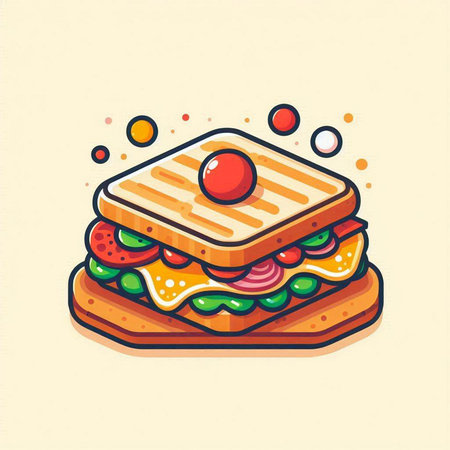 Sandwich vector icon. Vector illustration of a sandwich with ham, cheese, lettuce, tomato and cheese.のイラスト素材