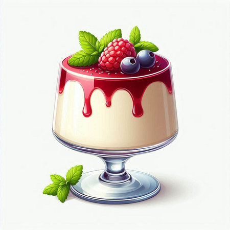 Illustration of a panna cotta with berries and mint on a white backgroundのイラスト素材