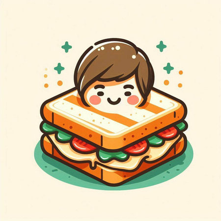Illustration of a cute cartoon girl eating a sandwich. Vector illustration.のイラスト素材
