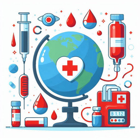 Vector illustration of World blood donor day concept with world globe, syringes, blood test tubes, blood test tube, syringe, blood bag.のイラスト素材