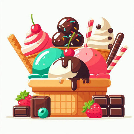 Ice cream in a waffle basket. Vector illustration in cartoon style.のイラスト素材