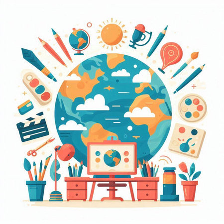 Back to school concept. Vector illustration in flat style. World education.のイラスト素材