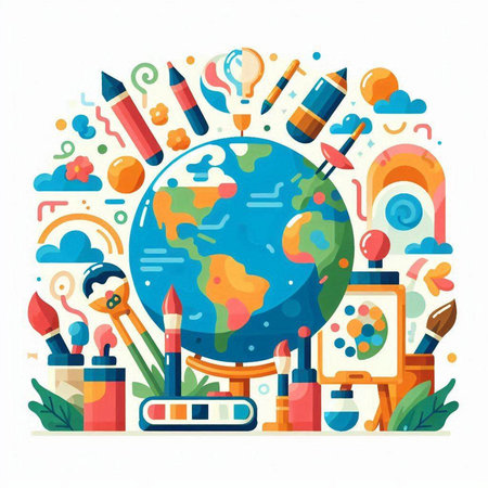 School and education concept with globe, books, paints, pencils and other elements. Vector illustrationのイラスト素材