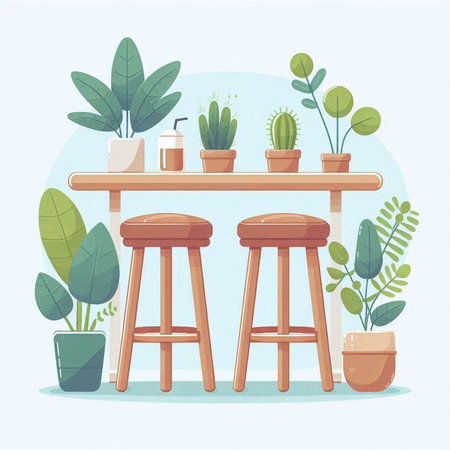 Vector illustration of a bar table with chairs and potted plants.のイラスト素材