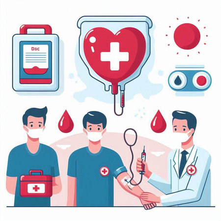 Blood donation and blood transfusion concept. Doctor and patient. Vector illustrationのイラスト素材