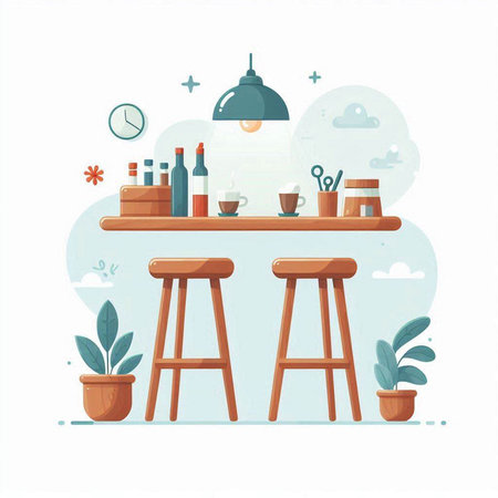 Coffee shop interior with bar counter, coffee table, chairs, plants. Vector illustration in flat styleのイラスト素材