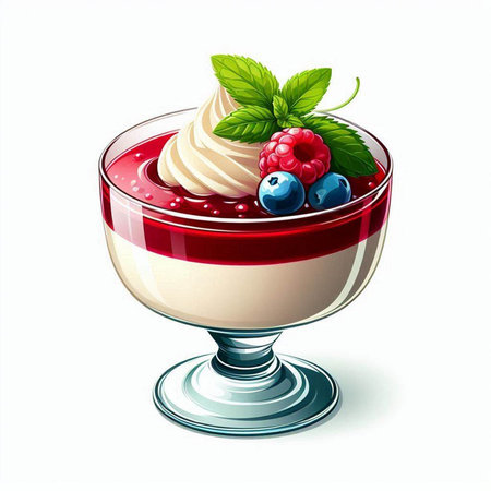 Panna cotta with berries and whipped cream. Vector illustration.のイラスト素材