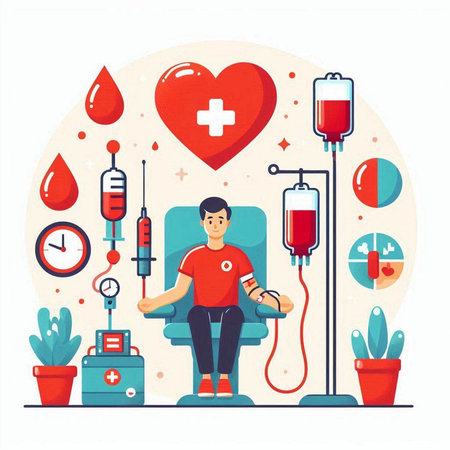 Blood donation concept. Vector illustration in flat cartoon style. Blood donation, blood transfusion, blood bag, heart, medical equipment.のイラスト素材