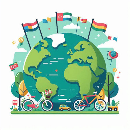 Travel around the world concept. Vector illustration of a globe, bicycle, map and flags.のイラスト素材