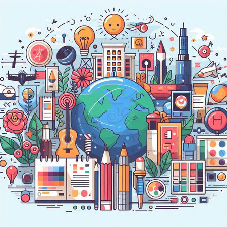 Vector illustration of education doodles. Hand drawn school elements.のイラスト素材