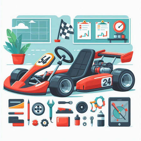 Funny cartoon sport car in garage. Vector illustration of auto repair service.のイラスト素材