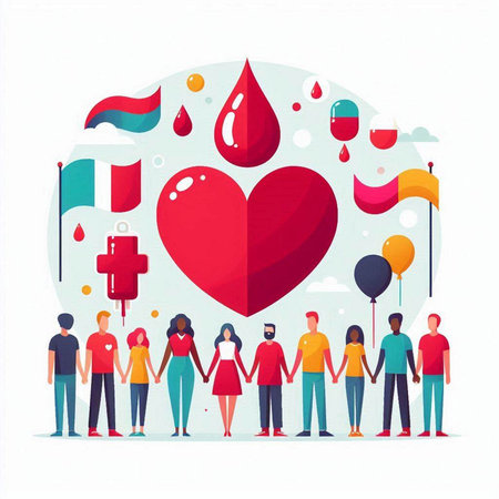 World Blood Donor Day. Group of people holding red heart. Vector illustrationのイラスト素材