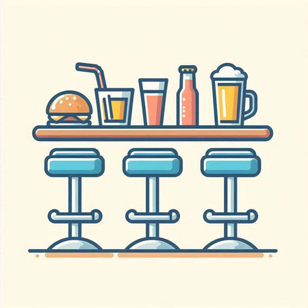 Vector illustration of a bar counter with food and drinks. Flat style.のイラスト素材