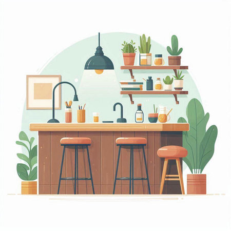 Kitchen interior design. Vector illustration in flat cartoon style. Interior design.のイラスト素材