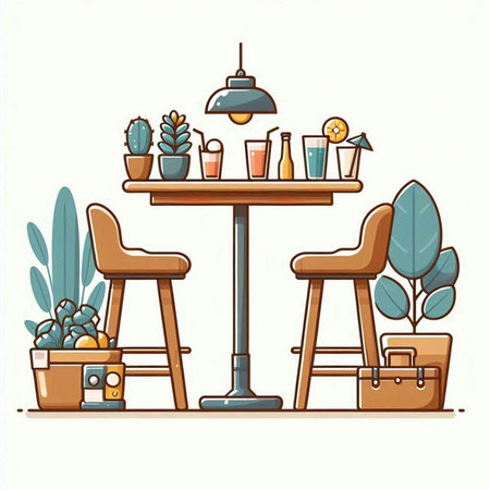 Illustration of a cafe interior with chairs, table and plants.のイラスト素材